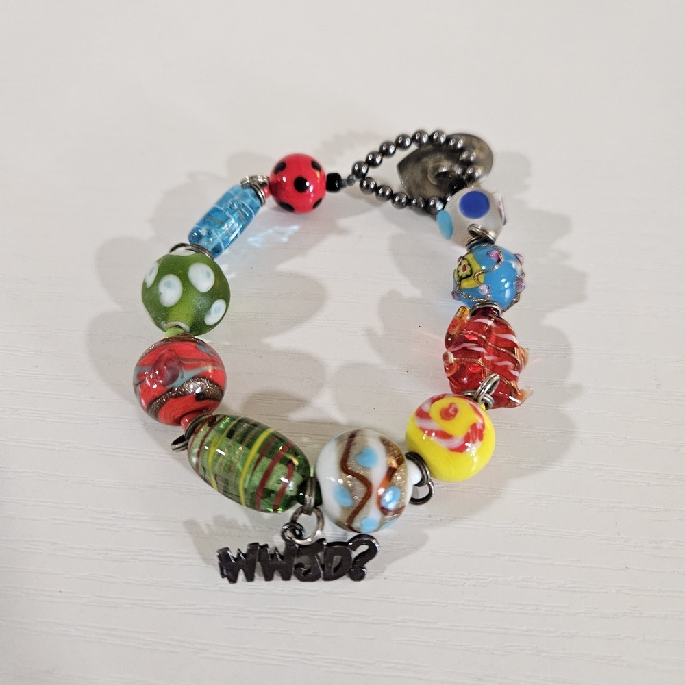 Vintage WWJD Artisan Lampwork Glass Beaded Charm Bracelet 8.5" Heart Toggle - Picture 3 of 4